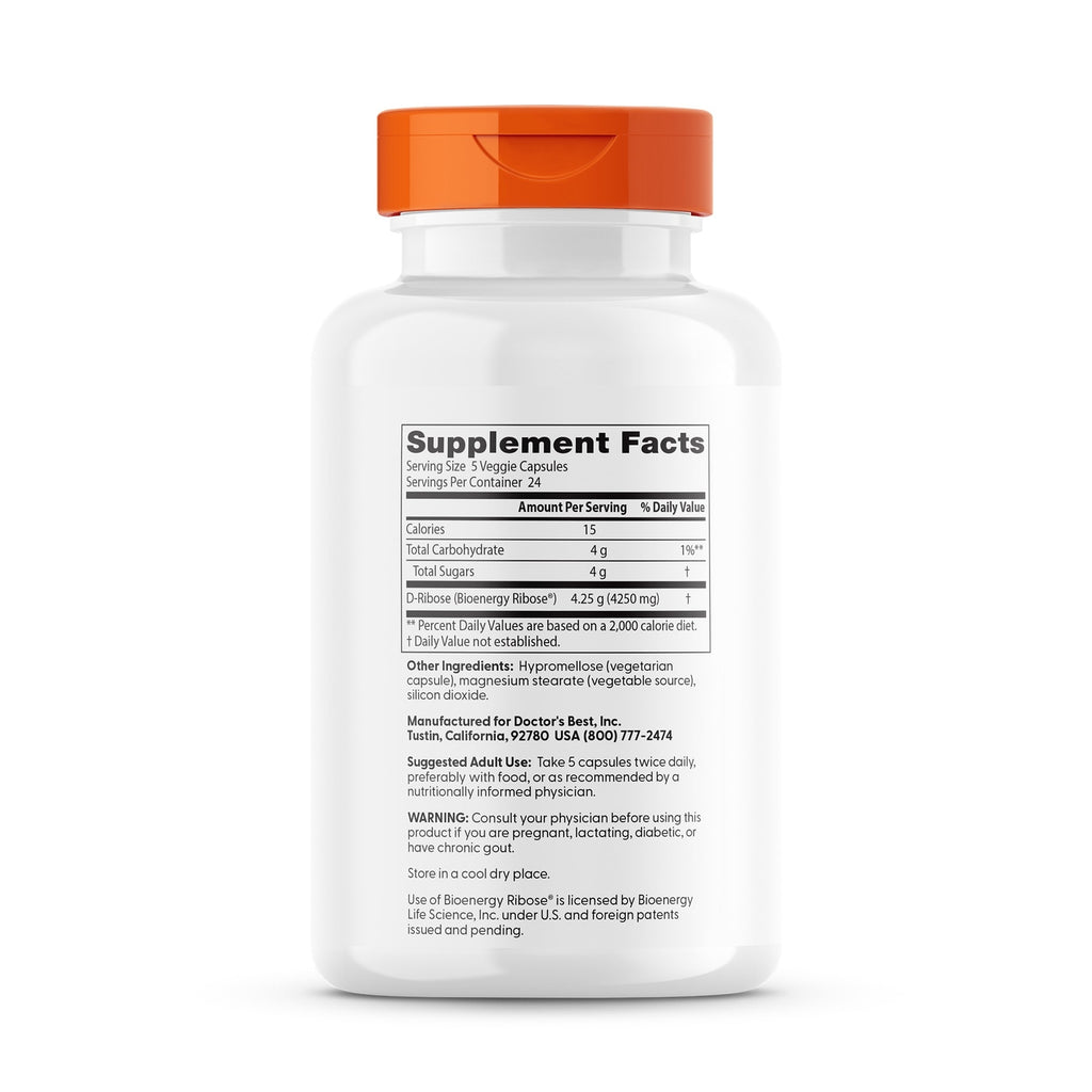 DB206 | Back of white supplement bottle showing Supplement Facts panel and D-Ribose 4250 mg ingredient - Thumbnail