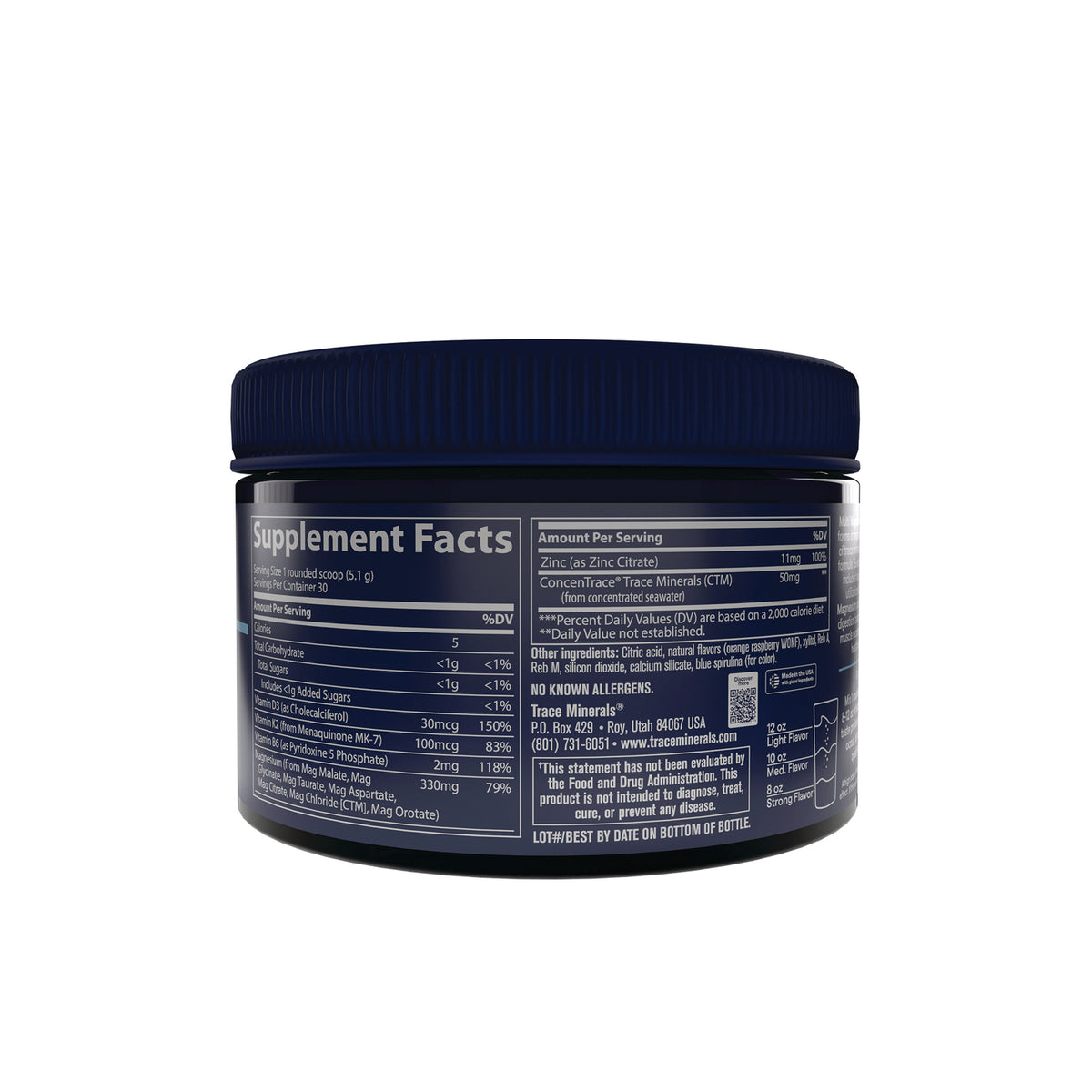 TM173 | Supplement Facts panel on a Trace Minerals supplement jar
