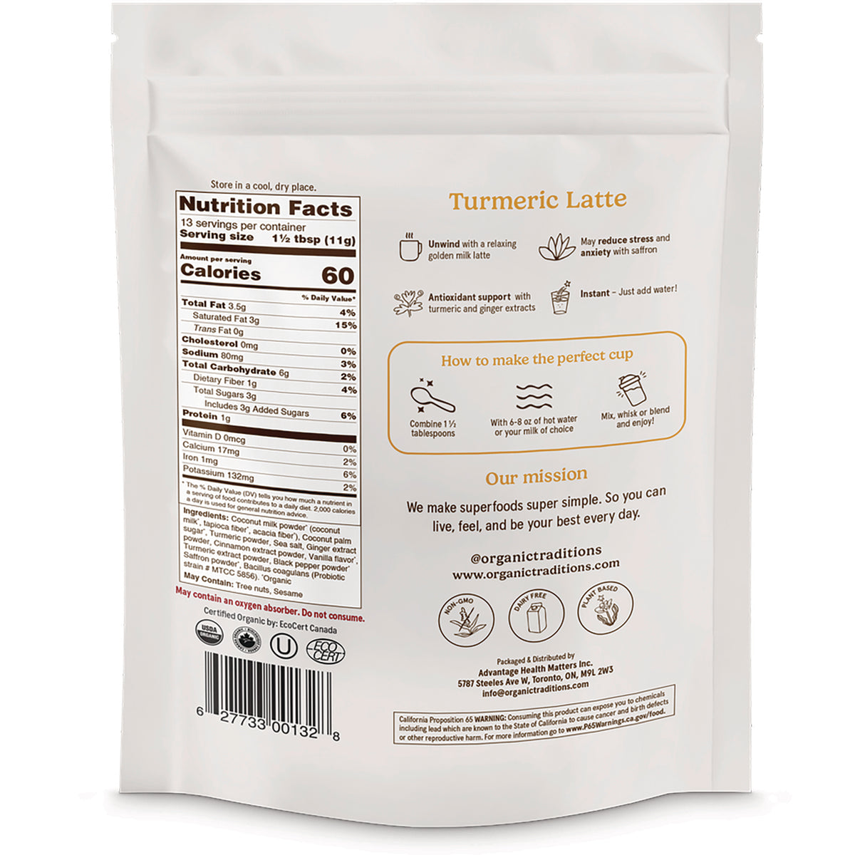 OTR082 | Back of white pouch for Turmeric Latte showing Nutrition Facts, ingredients, preparation instructions and barcode