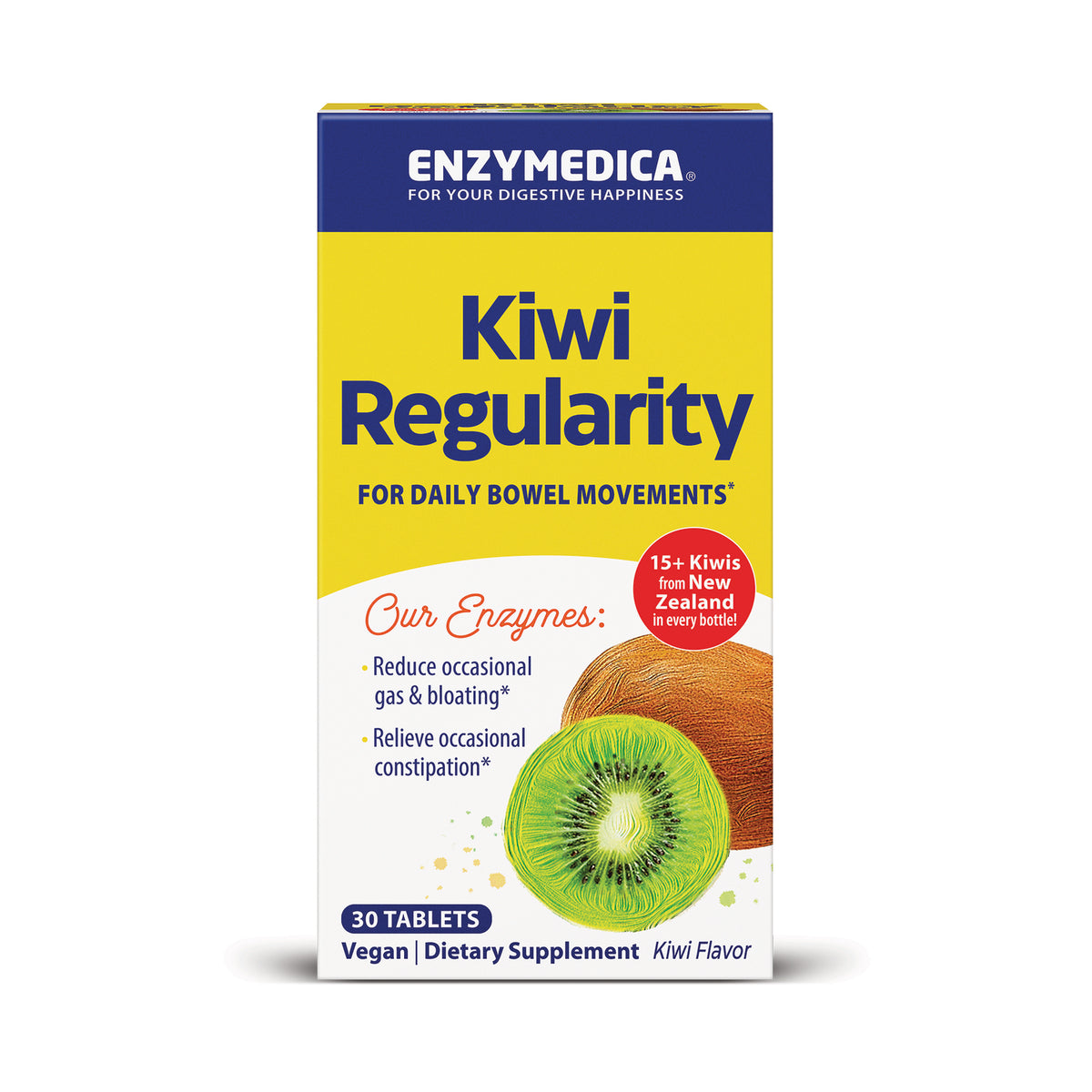 EMD074 | Enzymedica Kiwi Regularity supplement box front with kiwi illustration and 30 tablets label