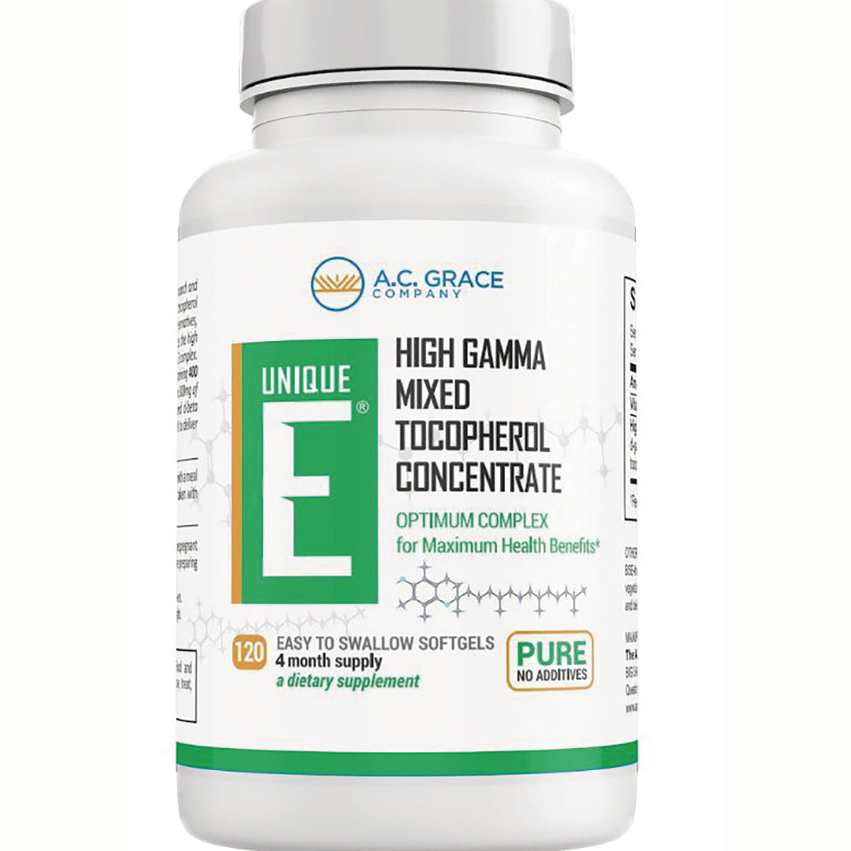 ACG002 | A.C. Grace Unique E High Gamma Mixed Tocopherol Concentrate, 120 easy-to-swallow softgels