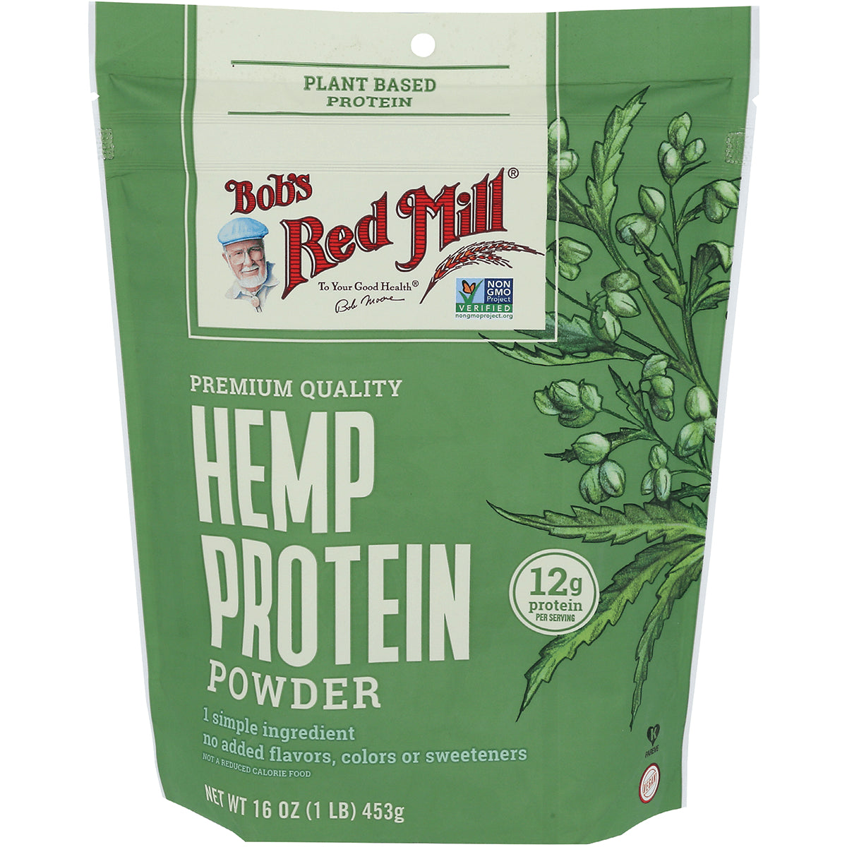 BOB074 | Bob's Red Mill hemp protein powder front pouch showing HEMP PROTEIN POWDER and 12g protein per serving