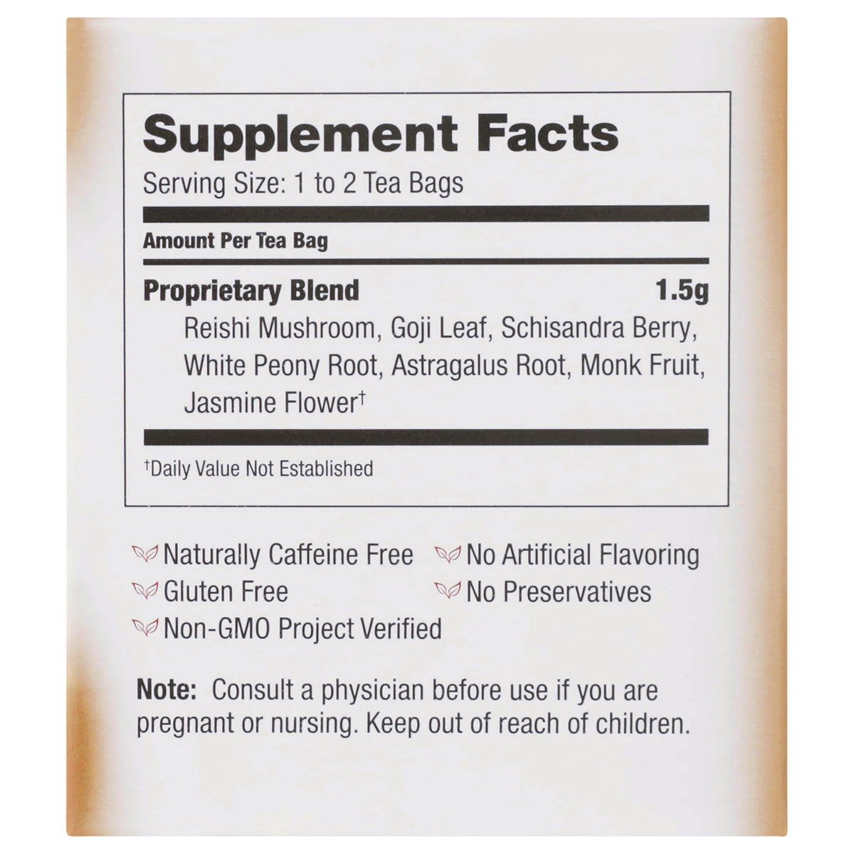 BVT008 | Supplement Facts panel showing serving size 1 to 2 tea bags, proprietary blend ingredients, and consult a physician warning