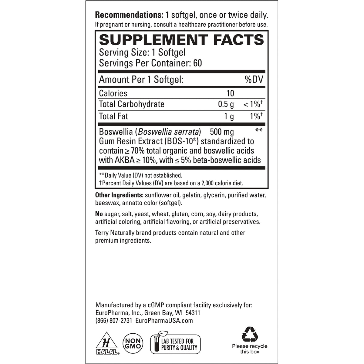 EUR031 | Supplement facts panel showing serving size 1 softgel, Boswellia 500 mg, other ingredients and manufacturer info