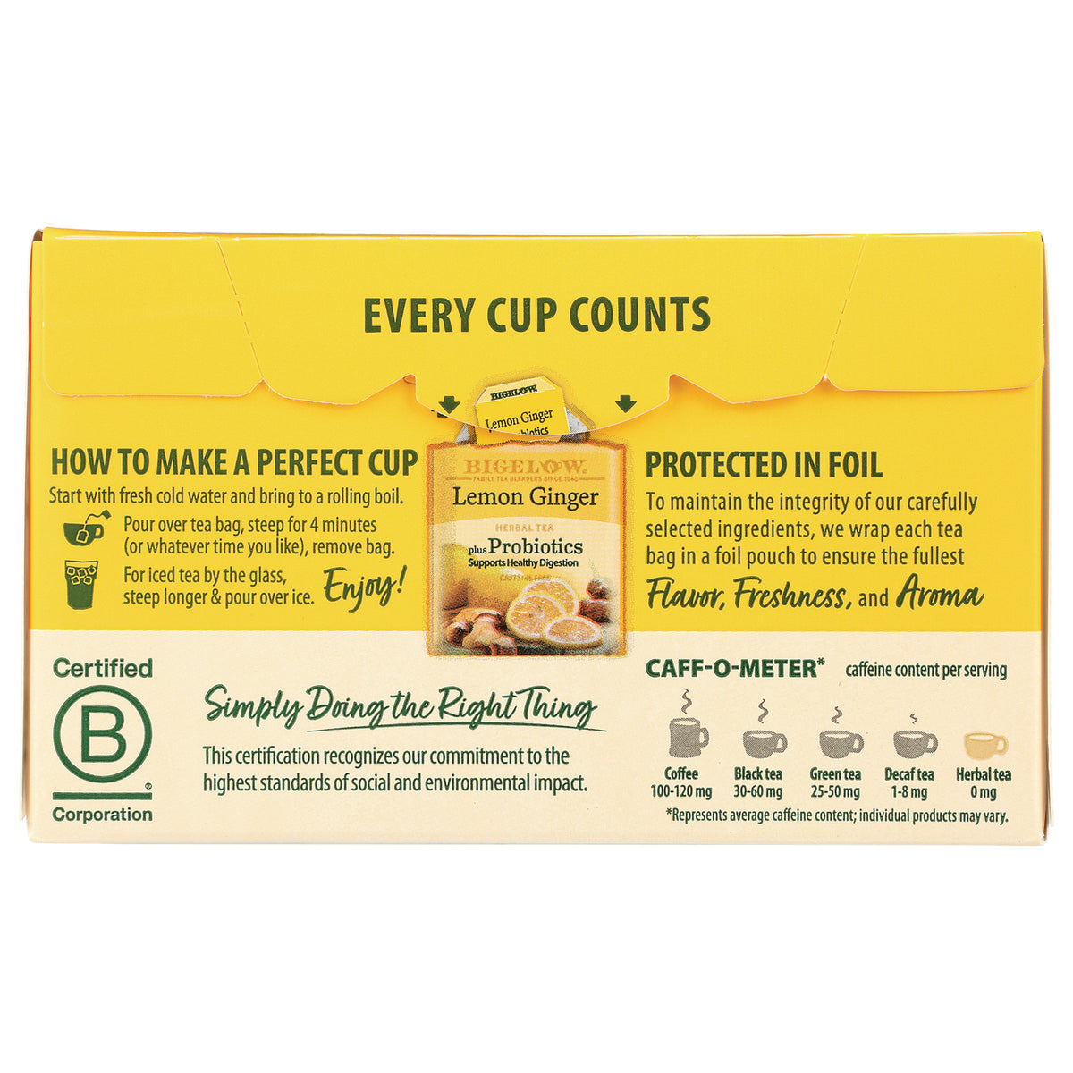 BGT008 | product infographic back panel with brewing instructions, certification seal, and caffeine chart for lemon ginger tea