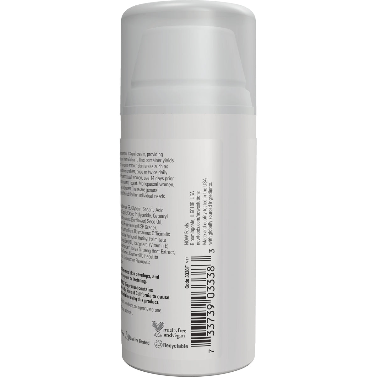 NWF257 | back of white pump bottle showing ingredient text, barcode, and recycling and cruelty-free icons