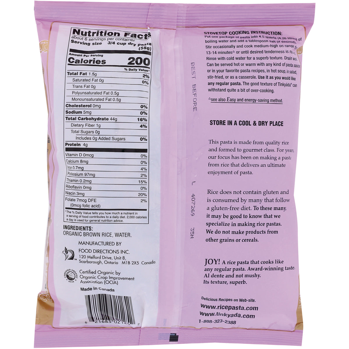 TKY015 | Back of Tinkyada Organic Brown Rice Pasta bag with Nutrition Facts, ingredients, and cooking instructions