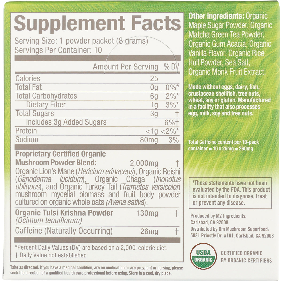 MMX037 | Supplement Facts label showing serving size, nutrition values, proprietary mushroom powder blend and ingredients