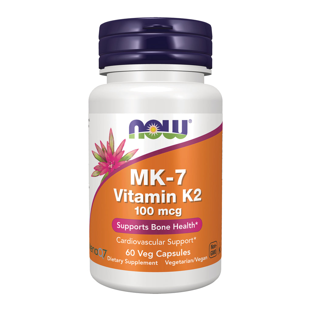 NWF989 | White bottle with orange label reading NOW MK-7 Vitamin K-2 100 mcg 60 Veg Capsules - Thumbnail