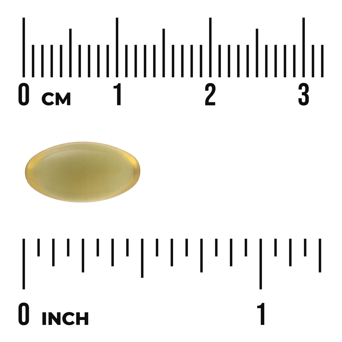 SW1016 | oval yellow softgel capsule next to centimeter and inch rulers showing size