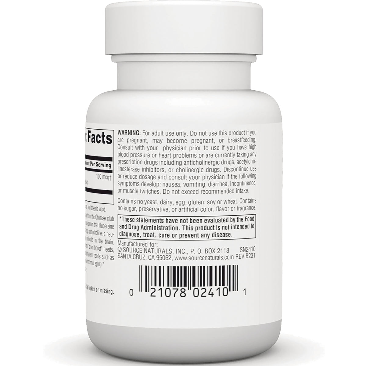 SN718 | Supplement bottle back label with warning text, other ingredients, FDA disclaimer, and barcode