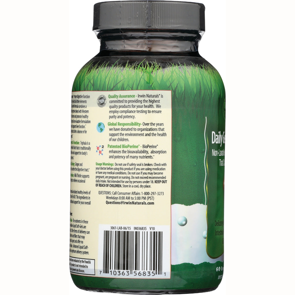 IR084 | Back label of green supplement bottle showing quality assurance text, usage warnings and barcode - Thumbnail