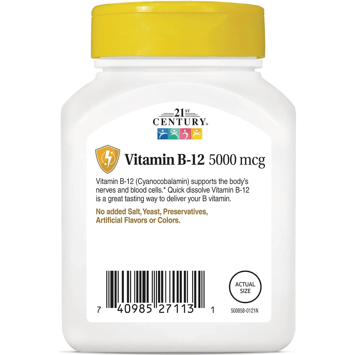 CNT166 | 21st Century Vitamin B-12 5000 mcg label with product info, barcode, and actual size circle