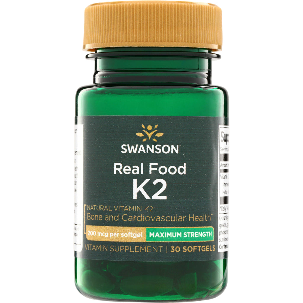 SWU906 | Swanson Real Food K2 supplement bottle, 200 mcg per softgel, Maximum Strength, 30 softgels - Thumbnail