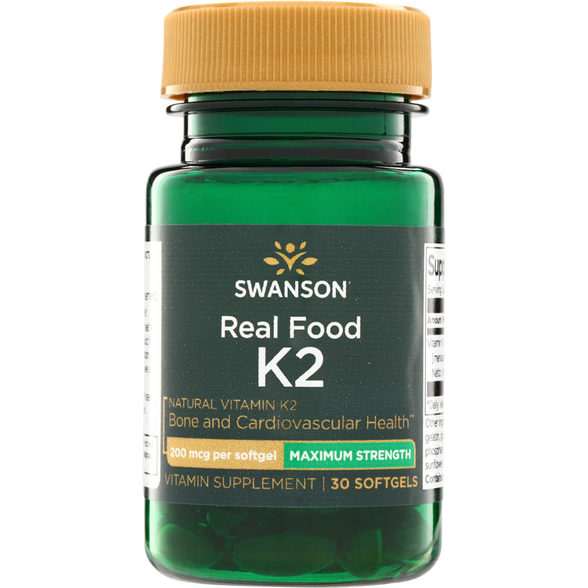 SWU906 | Swanson Real Food K2 supplement bottle, 200 mcg per softgel, Maximum Strength, 30 softgels