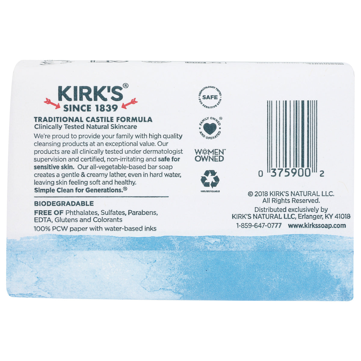 KIR001 | back of Kirk's Castile soap box showing ingredients, barcode, certifications and recycling symbol