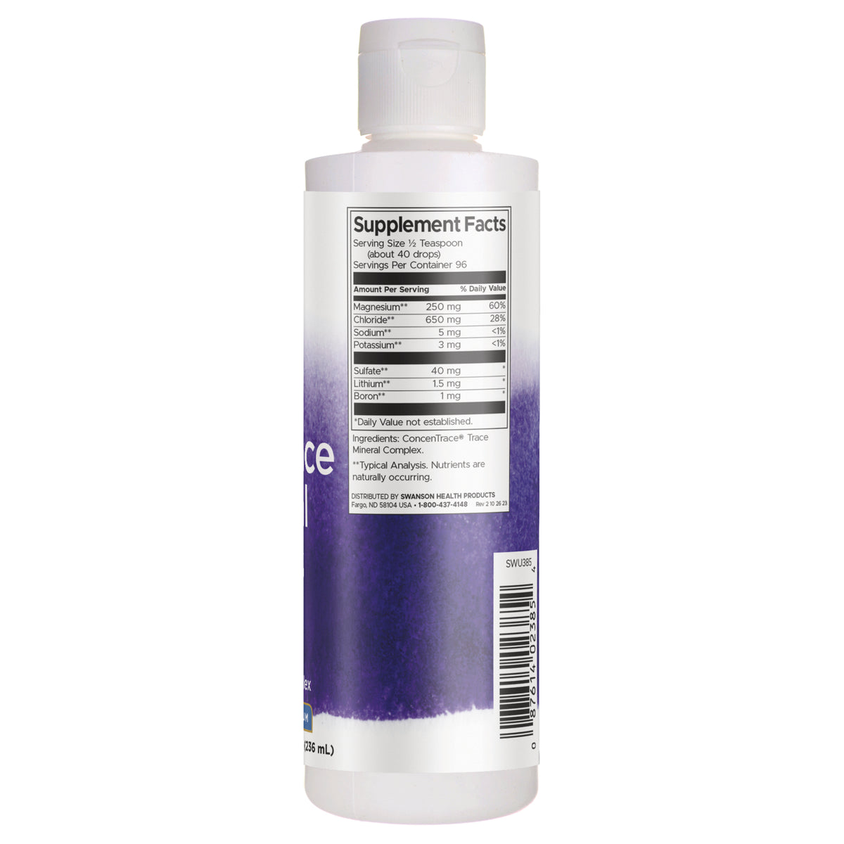 SWU385 | Back label with Supplement Facts panel and ingredients for liquid trace mineral supplement