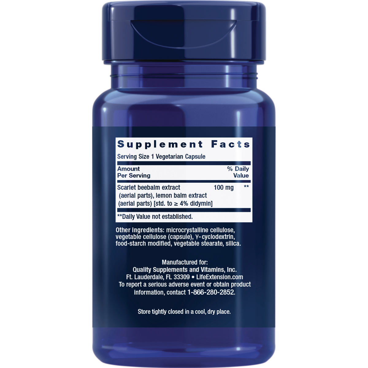 LE599 | Supplement Facts panel on a blue bottle for Scarlet beebalm and lemon balm extract capsules