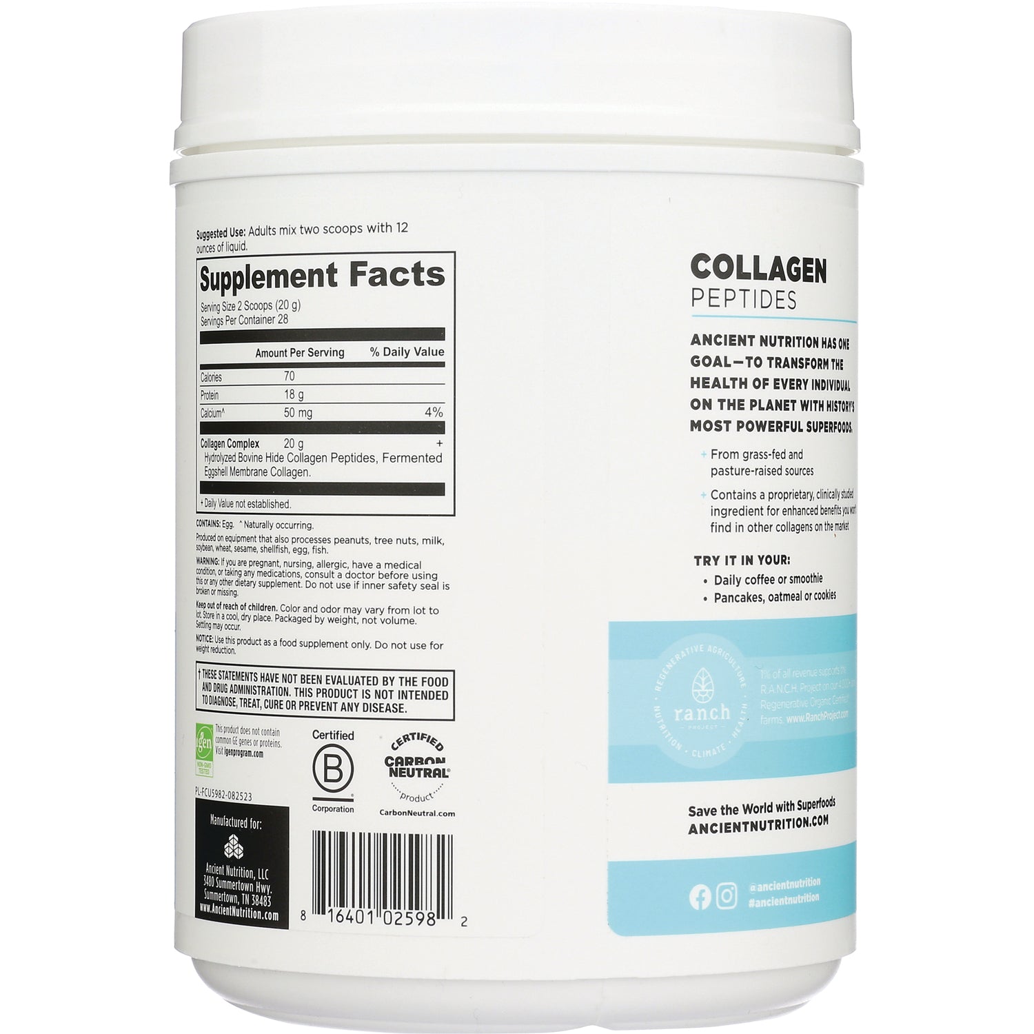 ATN103 | back label of white tub showing Supplement Facts panel, nutrition details, and Collagen Peptides branding