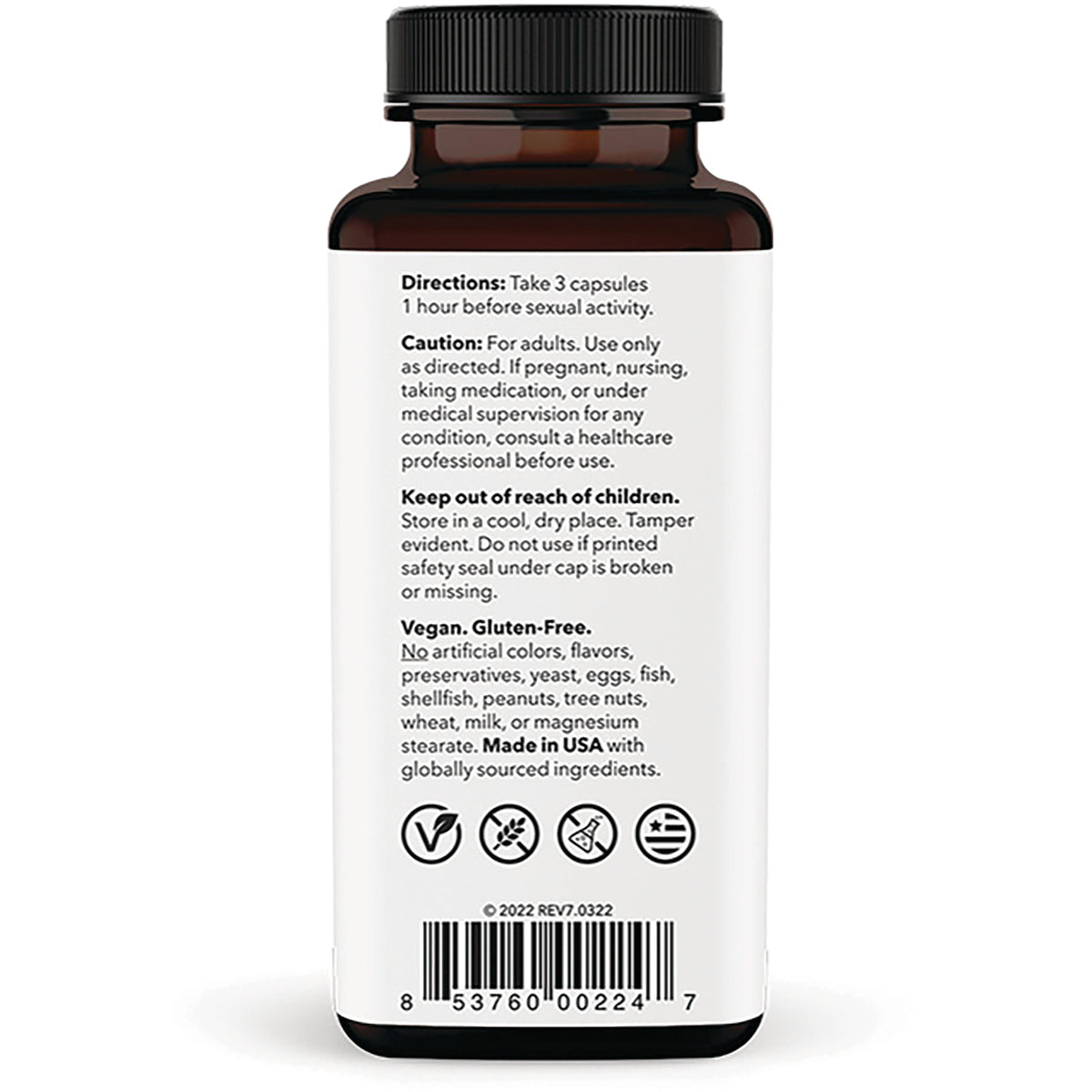 LSS004 | Back label of brown supplement bottle showing directions, cautions, vegan gluten-free claim and barcode
