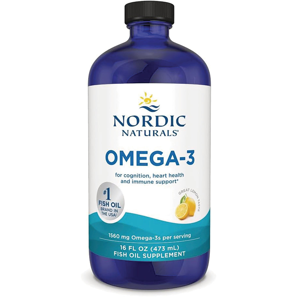 NRN028 | Blue bottle of Nordic Naturals OMEGA-3 fish oil supplement 16 fl oz lemon flavor - Thumbnail