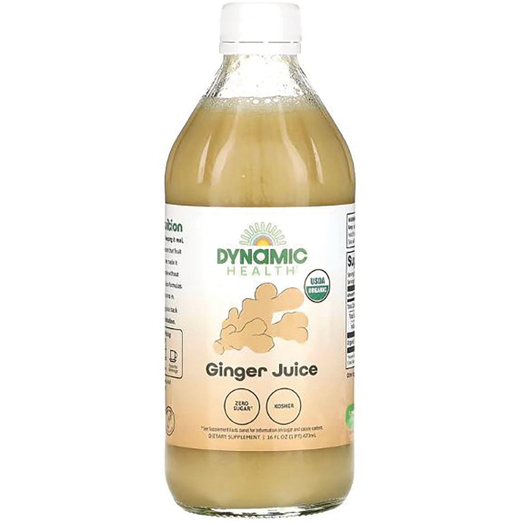 DYH053 | Bottle of Dynamic Health Ginger Juice with white cap, beige label showing ginger illustration and USDA Organic badge - Thumbnail
