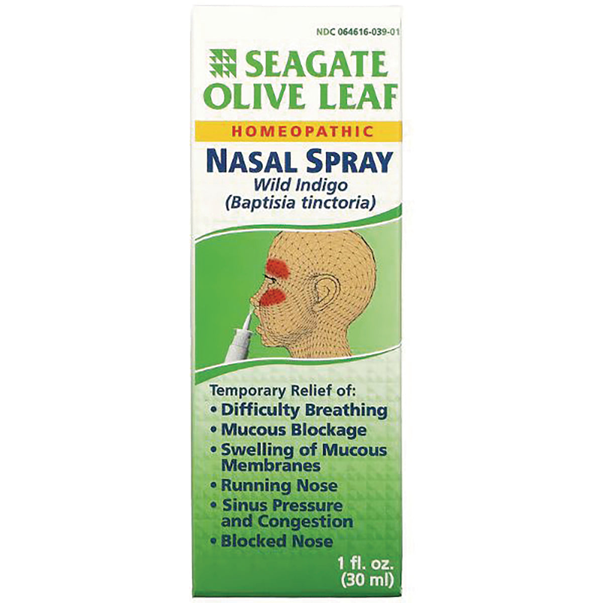 SEG001 | Seagate Olive Leaf homeopathic nasal spray Wild Indigo box front with nasal spray illustration and relief list