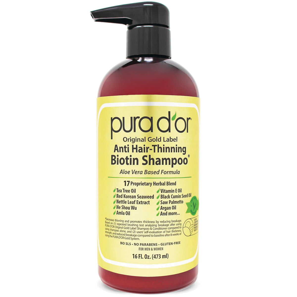 PDO005 | Pura d'or Anti Hair-Thinning Biotin Shampoo pump bottle with yellow label, 16 fl oz