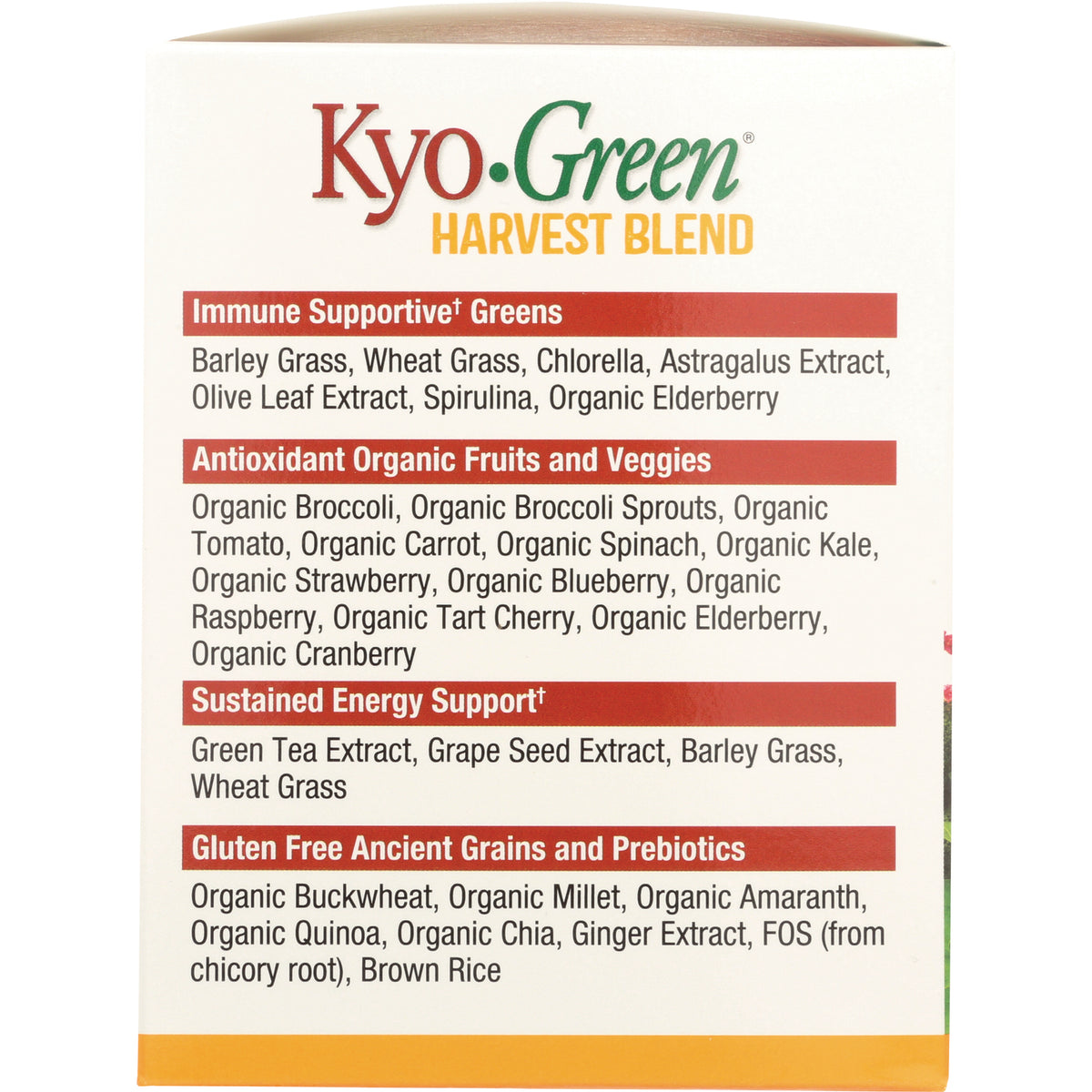 KY111 | Kyo-Green Harvest Blend product infographic listing immune supportive greens, antioxidant fruits and veggies, energy support and ancient grains