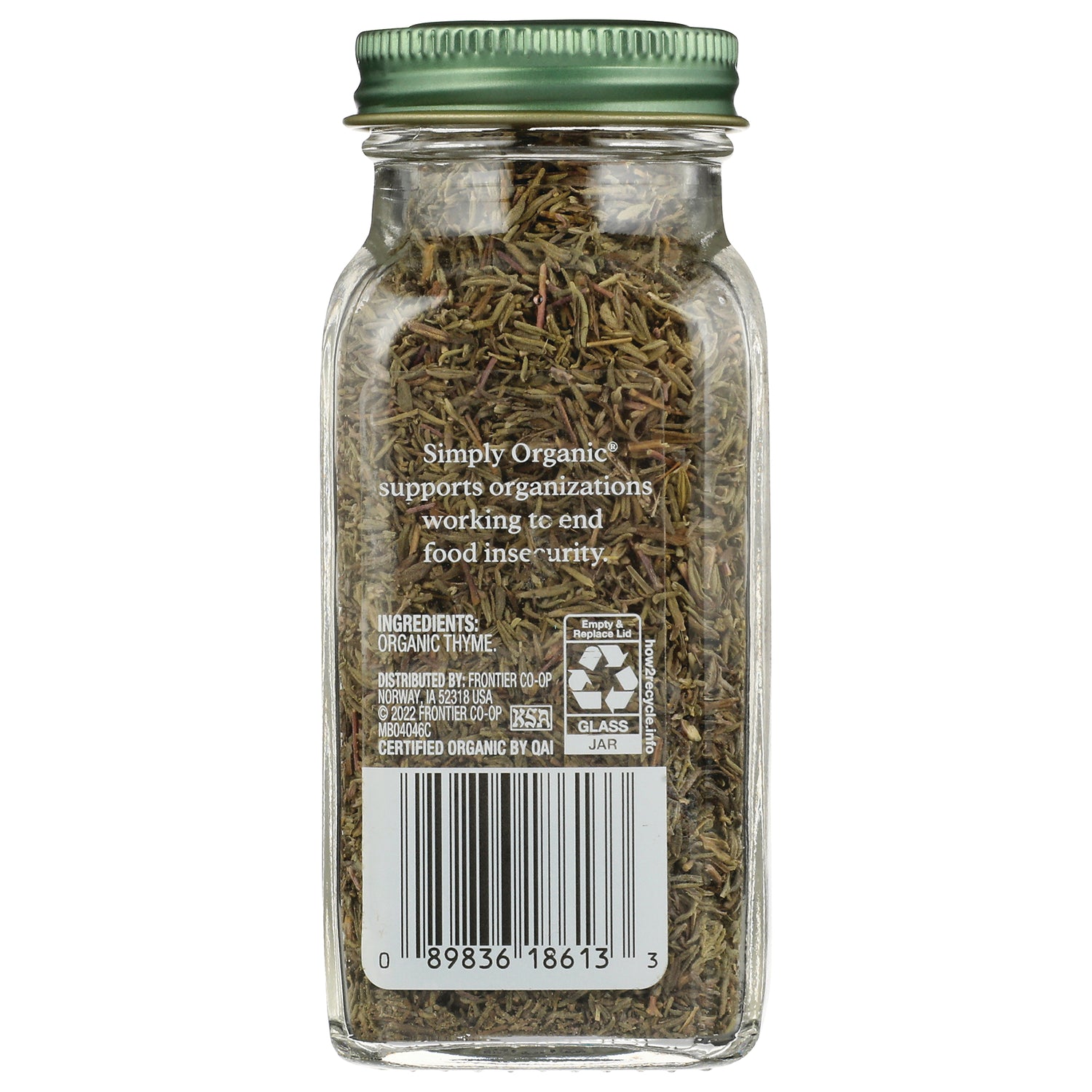 SMP035 | Back label of Simply Organic Organic Thyme glass jar with ingredients, recycling info, and barcode
