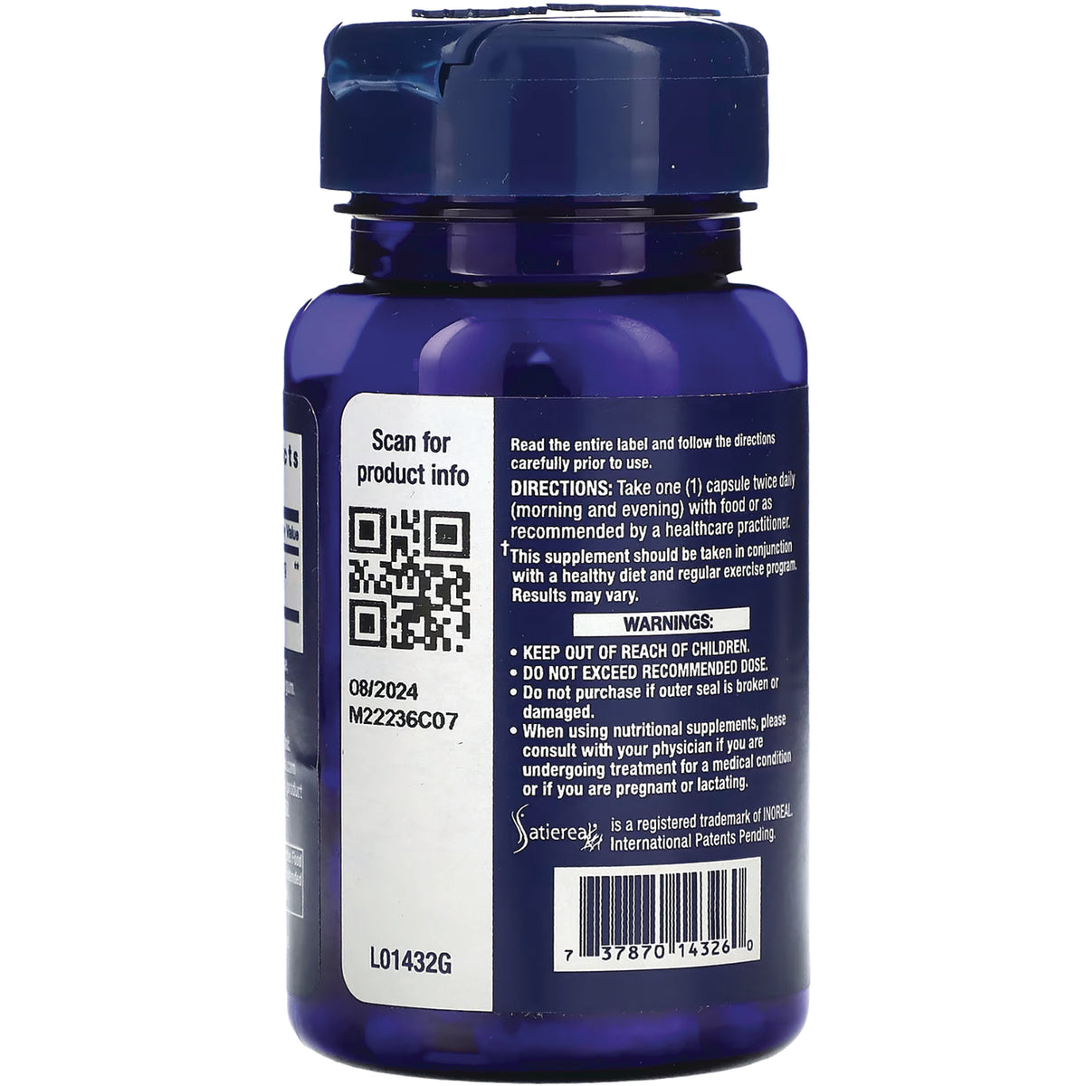 LE092 | Back label of blue supplement bottle showing QR code, directions, warnings, and barcode