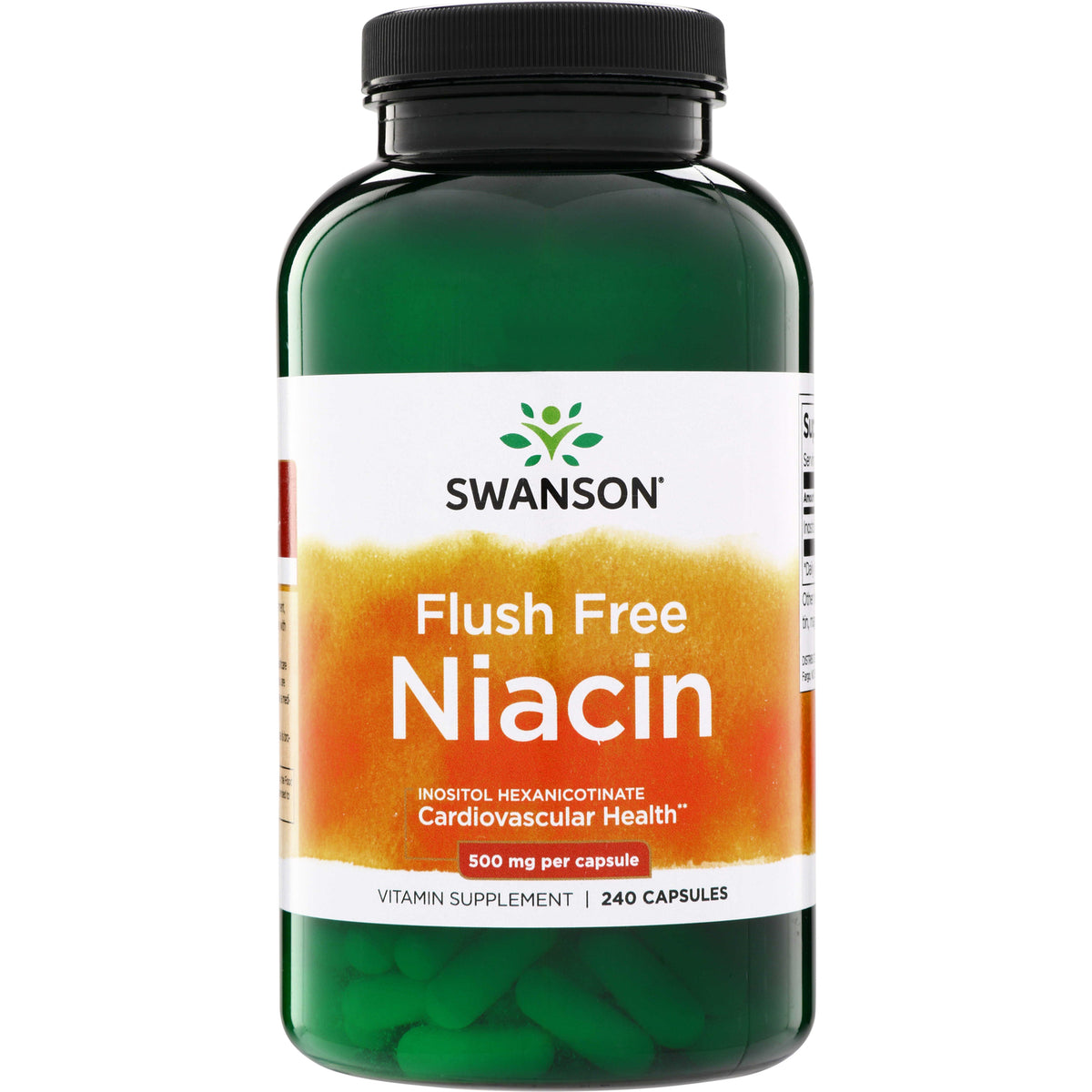 SWU1021 | Swanson Flush Free Niacin supplement bottle, green jar label shows 500 mg per capsule and 240 capsules