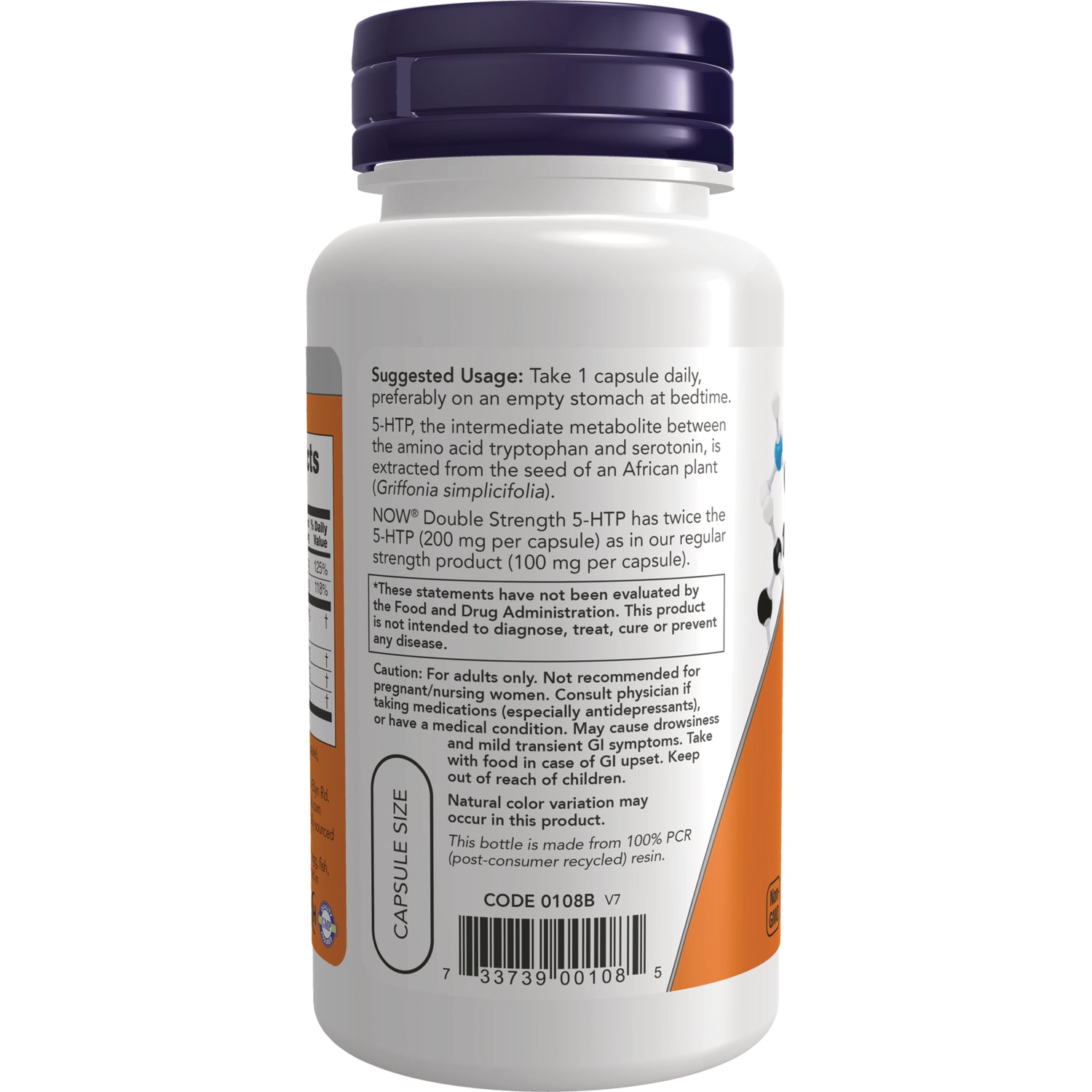 NWF165 | Back label of white supplement bottle showing suggested usage, caution, capsule size and barcode