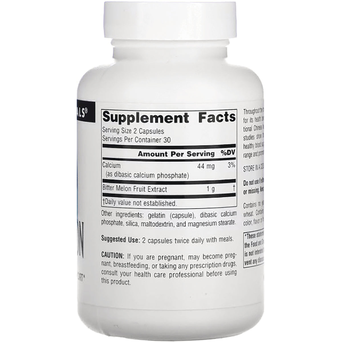 SN639 | Back label showing Supplement Facts, ingredients, suggested use, and caution information