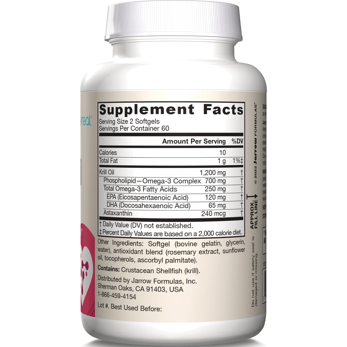 JR342 | back label showing Supplement Facts panel and ingredients for krill oil softgels