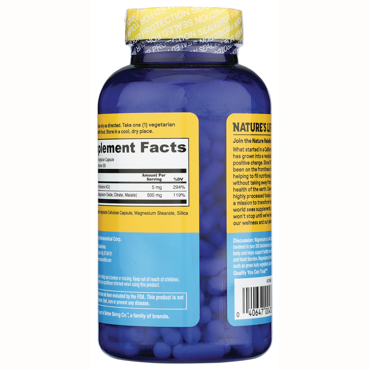 NSL004 | Back of blue supplement bottle showing supplement facts panel, ingredients, barcode and visible capsules