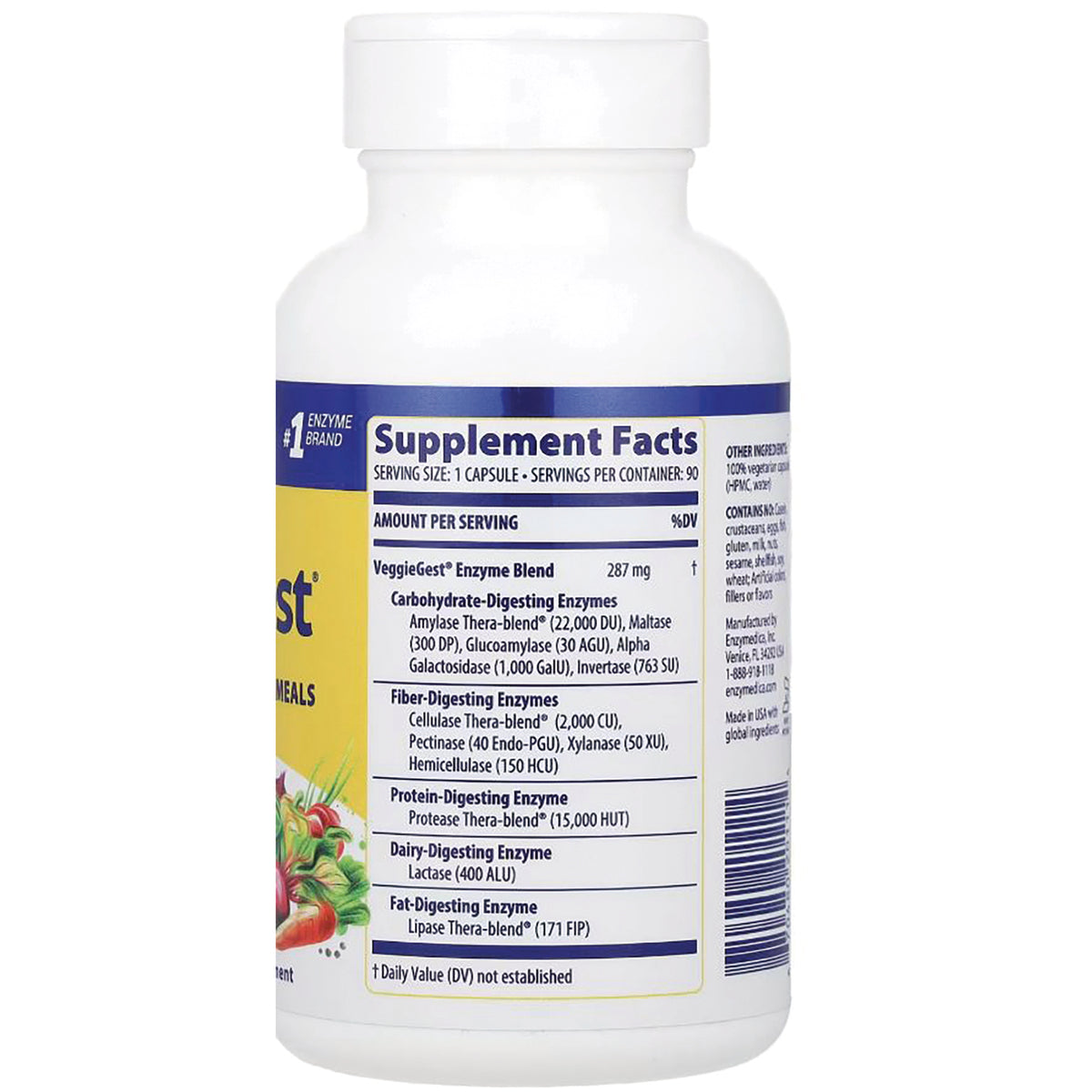 EMD025 | back of white supplement bottle showing Supplement Facts panel listing enzyme blends and serving size