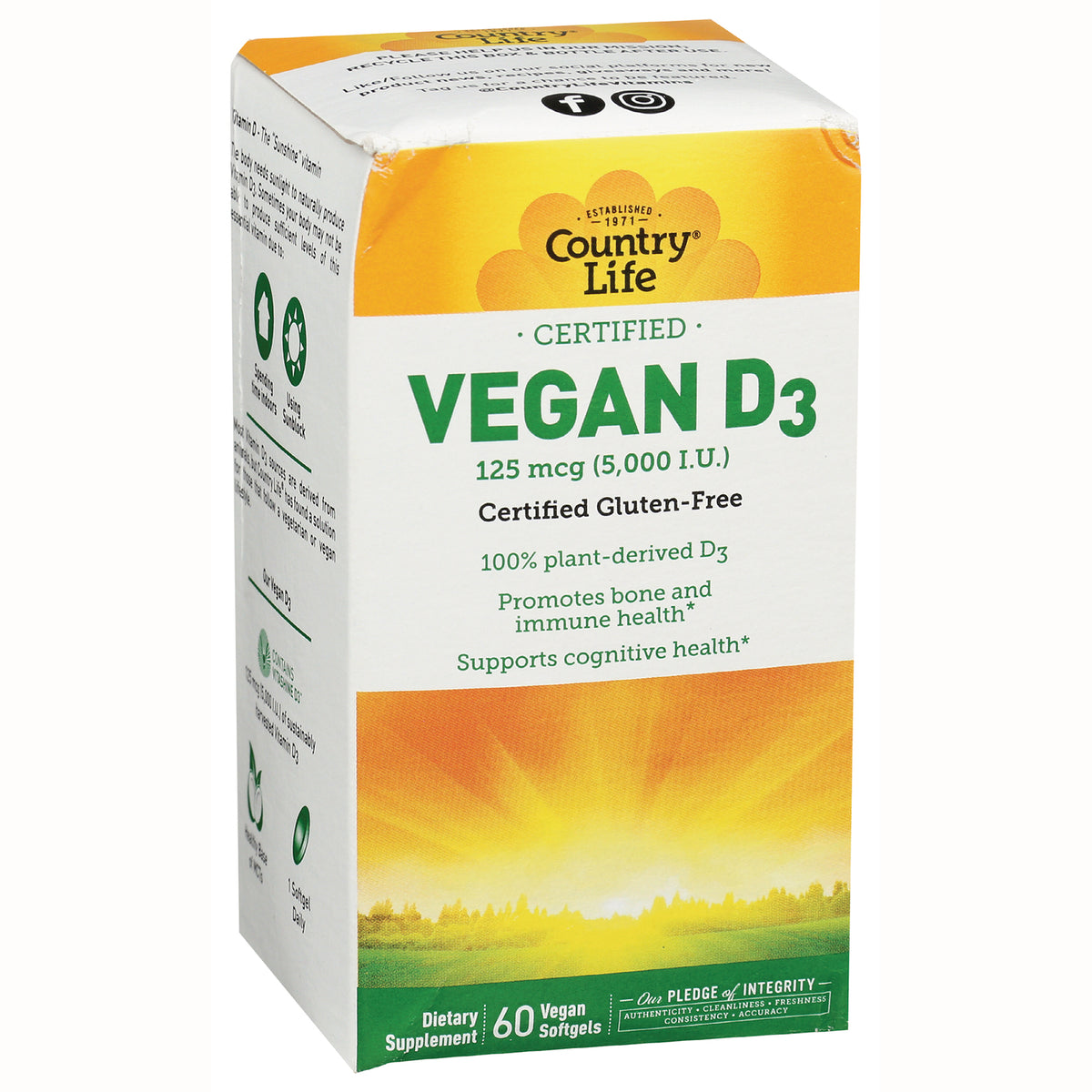 CRL592 | Country Life Vegan D3 125 mcg (5,000 I.U.) box, certified gluten-free, 60 vegan softgels