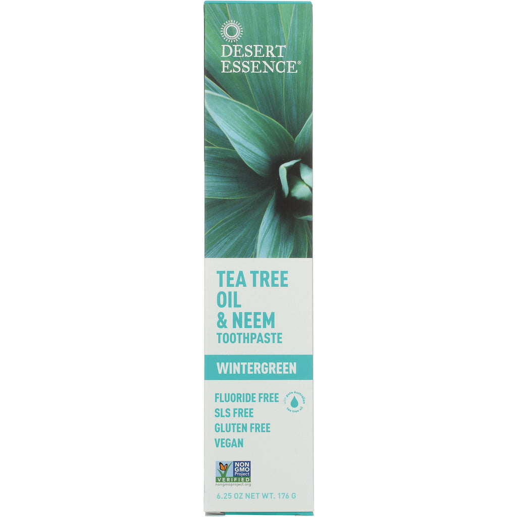 DST026 | Desert Essence Tea Tree Oil & Neem toothpaste wintergreen front box showing wintergreen and labels fluoride free SLS free gluten free vegan - Thumbnail