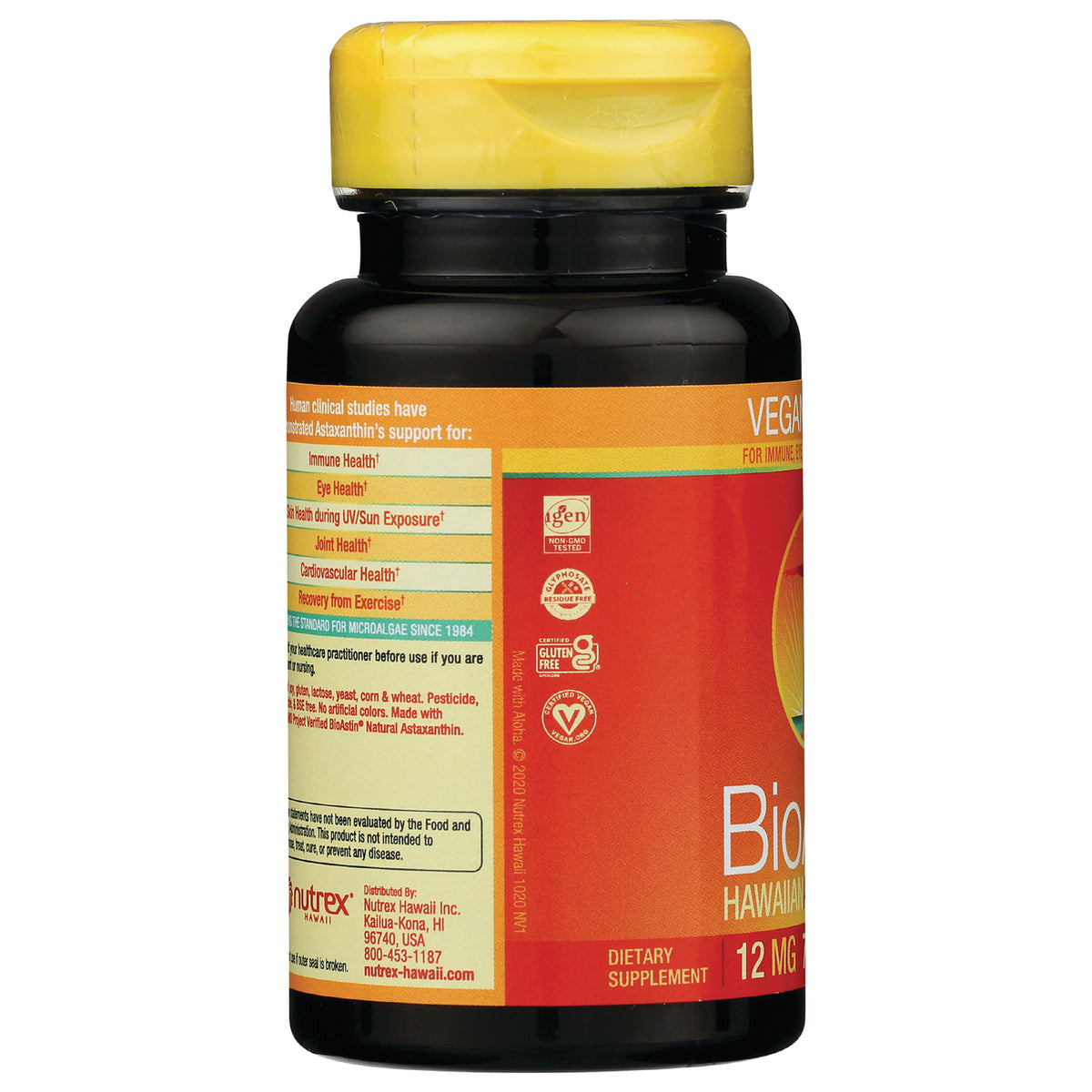 NUT026 | product infographic of back label showing supplement claims, certification icons, and DIETARY SUPPLEMENT 12 MG text