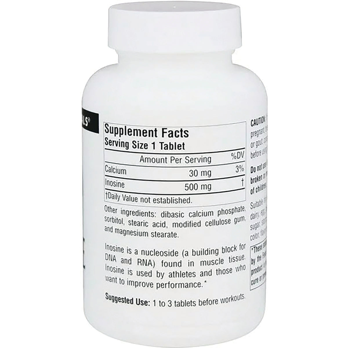 SN658 | Back label with Supplement Facts, serving size 1 tablet, calcium 30 mg, inosine 500 mg