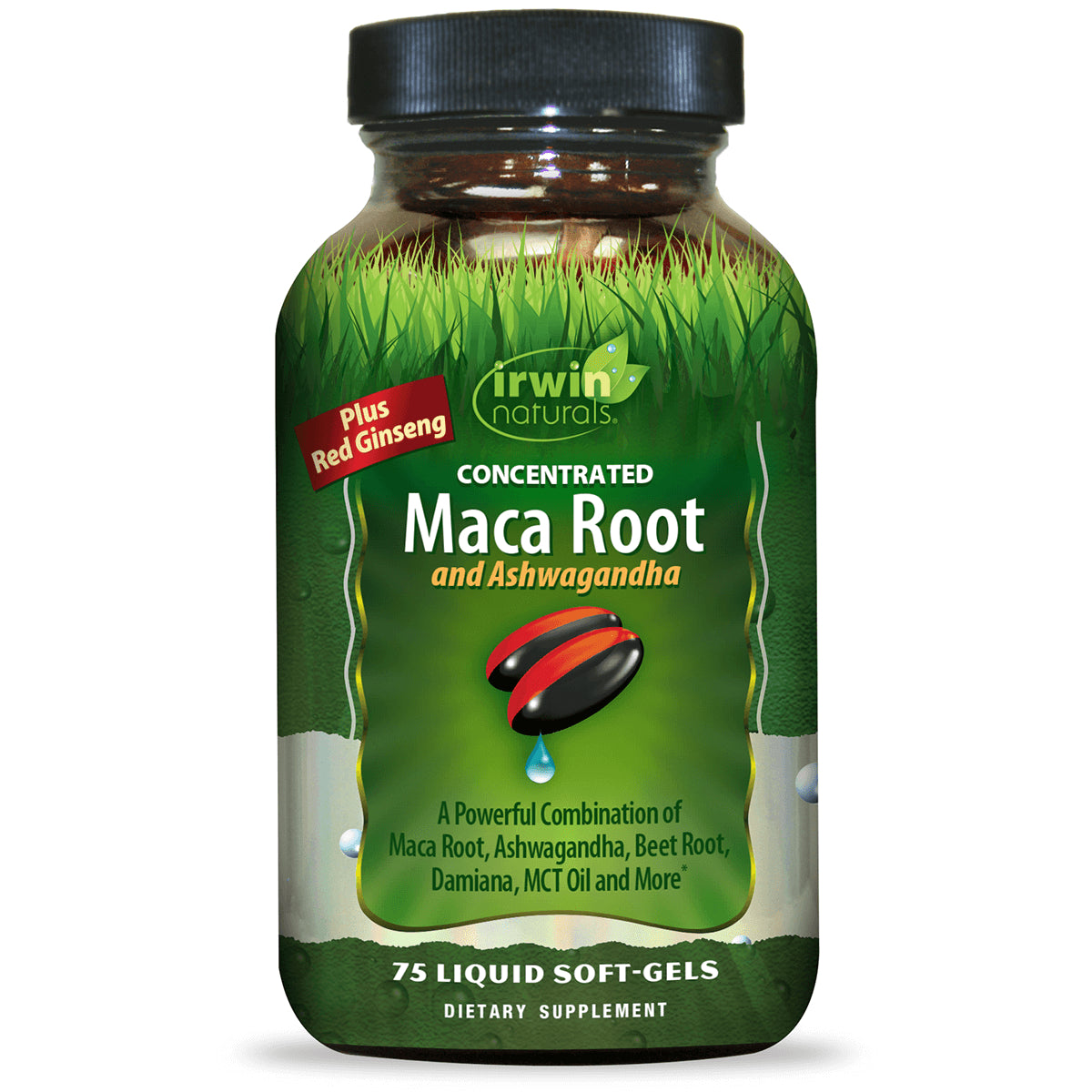 IR141 | Irwin Naturals concentrated Maca Root and Ashwagandha 75 liquid soft-gels front packaging