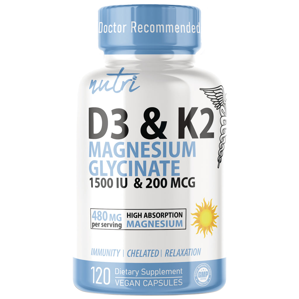 NFU017 | White and blue bottle of Nature's Fusions Nutri D3 and K2 Magnesium Glycinate, 120 vegan capsules - Thumbnail