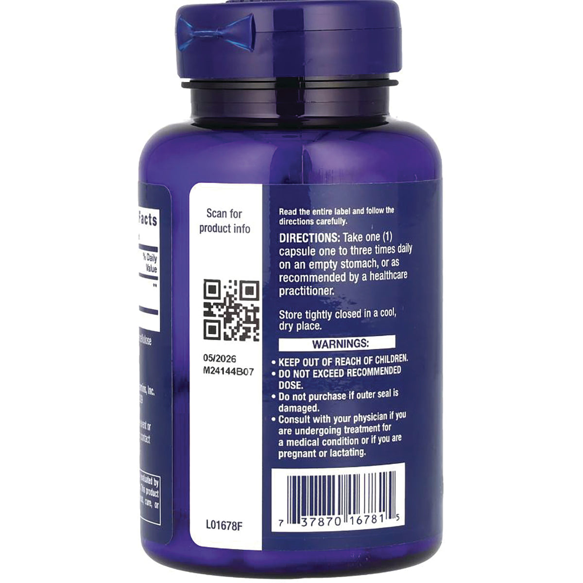LE335 | Back of blue supplement bottle showing directions, warnings, QR code and barcode