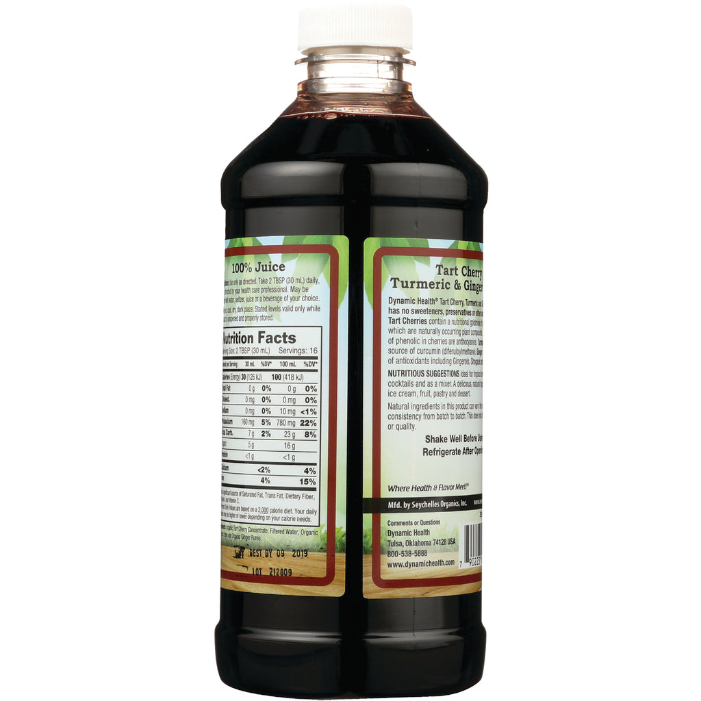 DYH055 | back label of tart cherry turmeric & ginger juice bottle showing nutrition facts and product text - Thumbnail