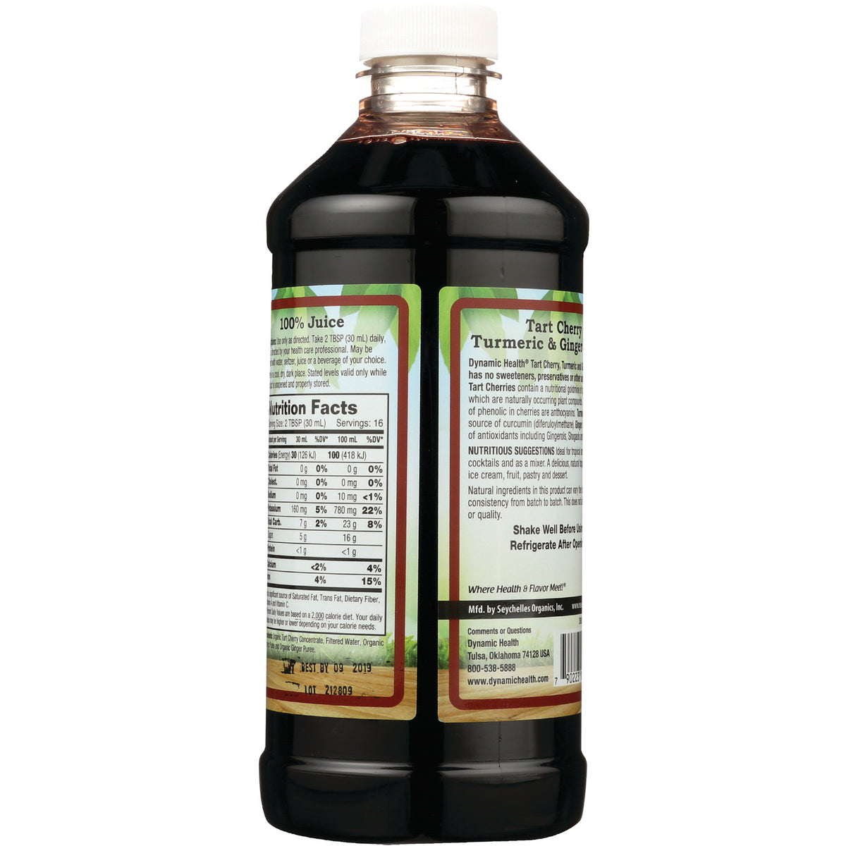 DYH055 | back label of tart cherry turmeric & ginger juice bottle showing nutrition facts and product text