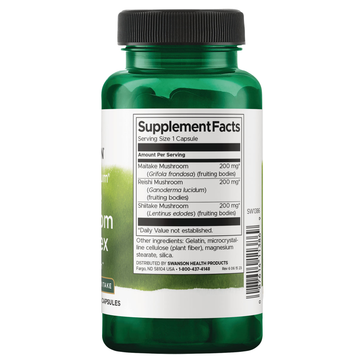 SW1386 | Back label Supplement Facts for mushroom complex capsules with maitake, reishi, and shiitake