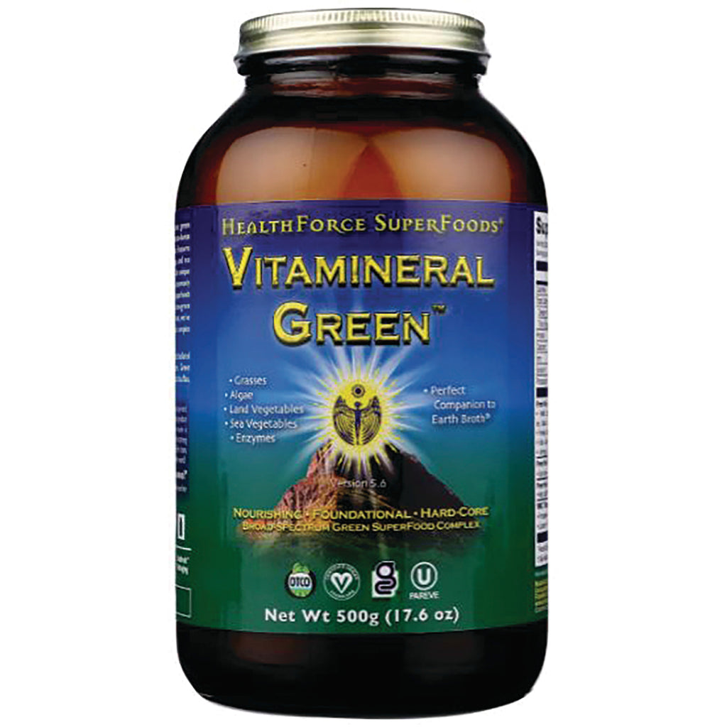 HFC009 | Glass jar of Vitamineral Green powder supplement with blue-green label showing VITAMINERAL GREEN and net wt 500g - Thumbnail