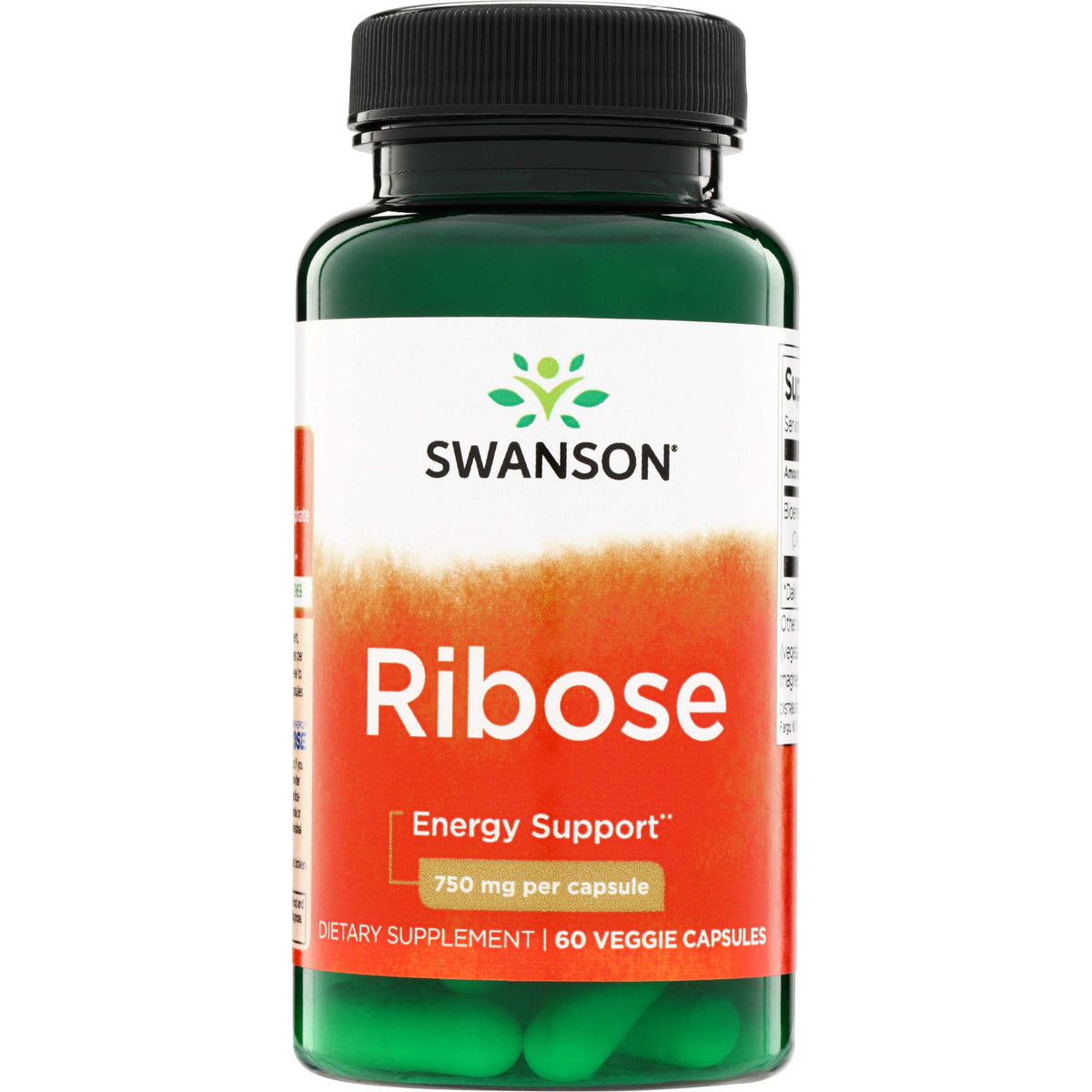 SWU823 | Swanson Ribose supplement bottle, Energy Support, 750 mg per capsule, 60 veggie capsules