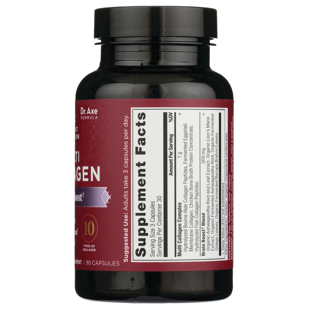ATN092 | Back label showing Supplement Facts panel on maroon collagen supplement bottle, 90 capsules